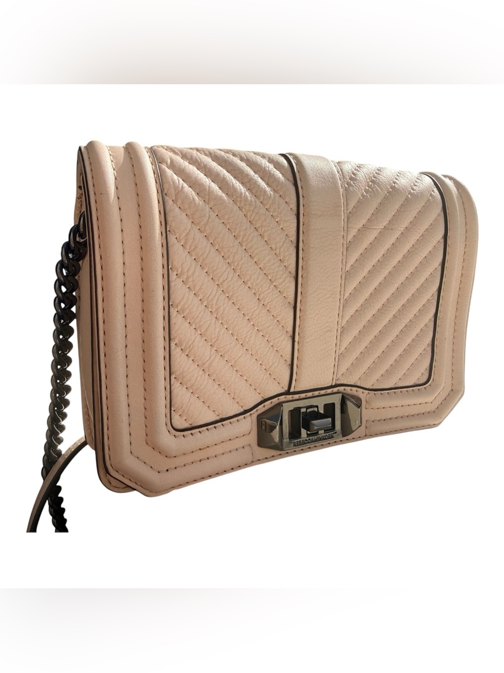 Rebecca Minkoff Chevron Quilted Small Love Crossbody Bag – Blush Pink & Gunmetal